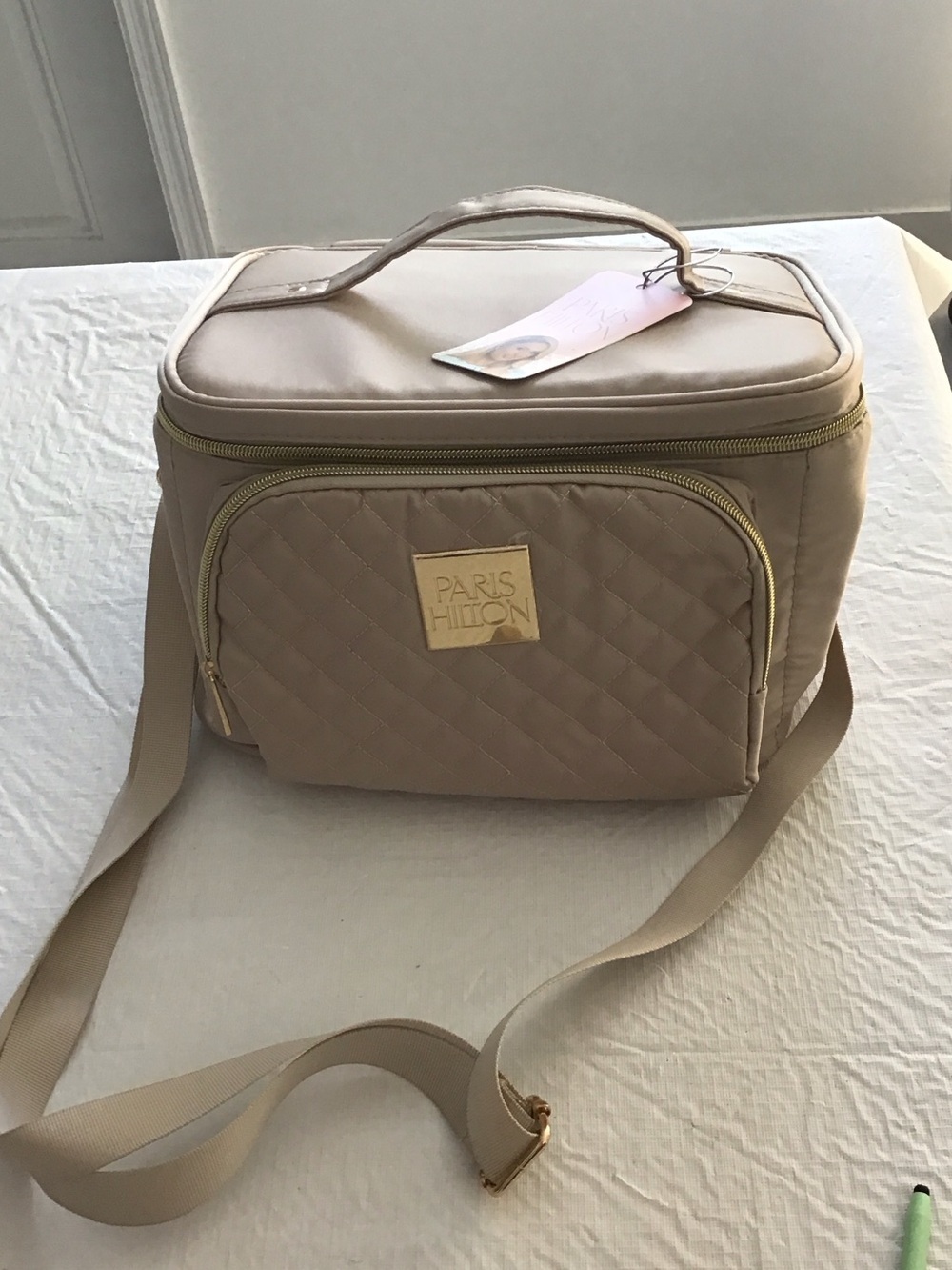Paris Hilton Quilted Taupe Travel Cosmetic Case with Gold Accents